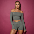 Grey off-shoulder fitted long sleeve top, stretchy multi-wear style