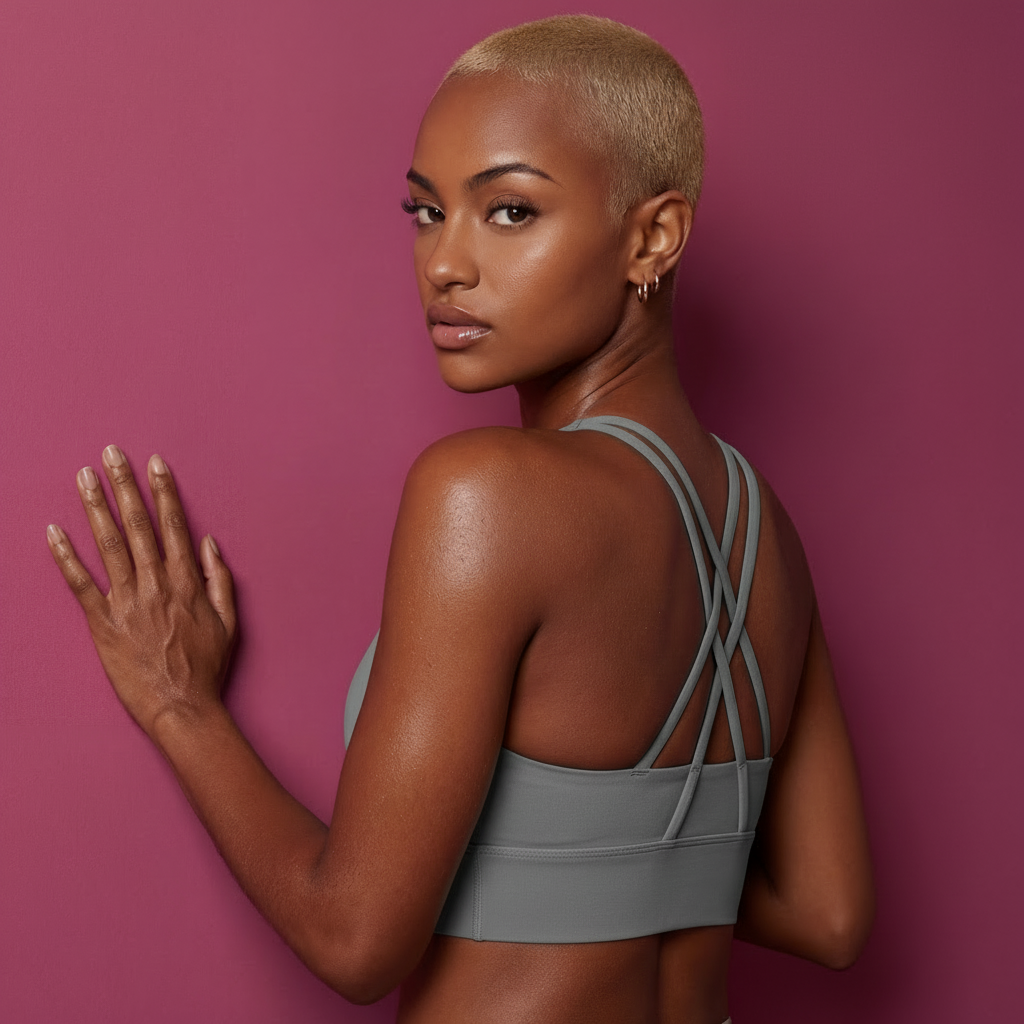 Blue grey sports bra, criss-cross back strap design