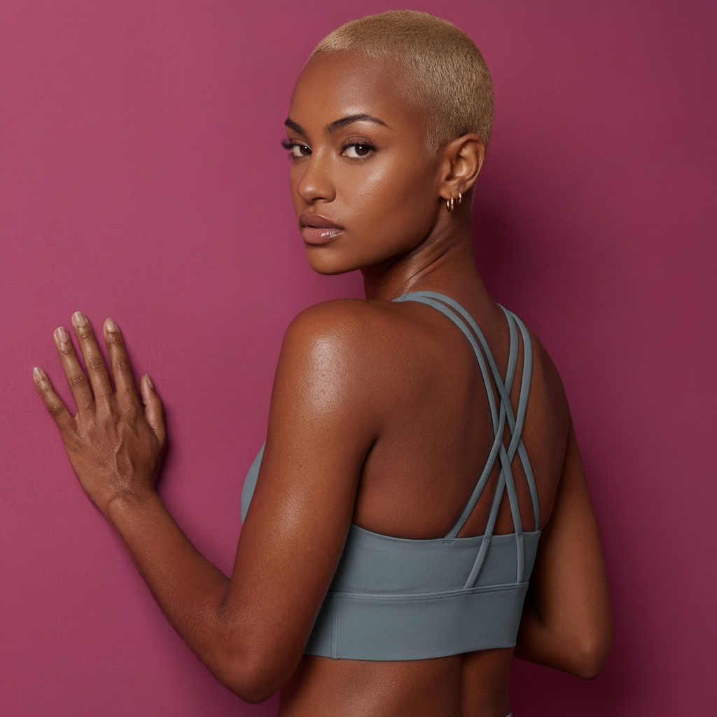 Blue grey active sports bra with criss-cross straps at the back