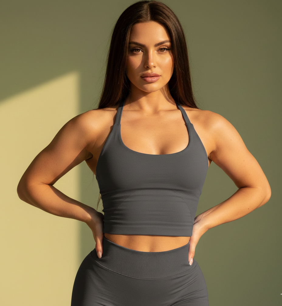 Woman wearing a gray sports bra and leggings against a green background