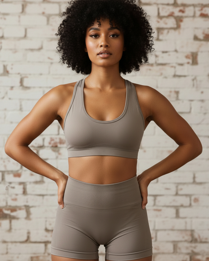 Woman wearing a gray sports bra and shorts set against a brick wall.