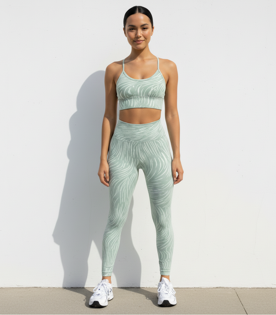 Woman wearing a green athletic  zebra outfit standing against a white wall.