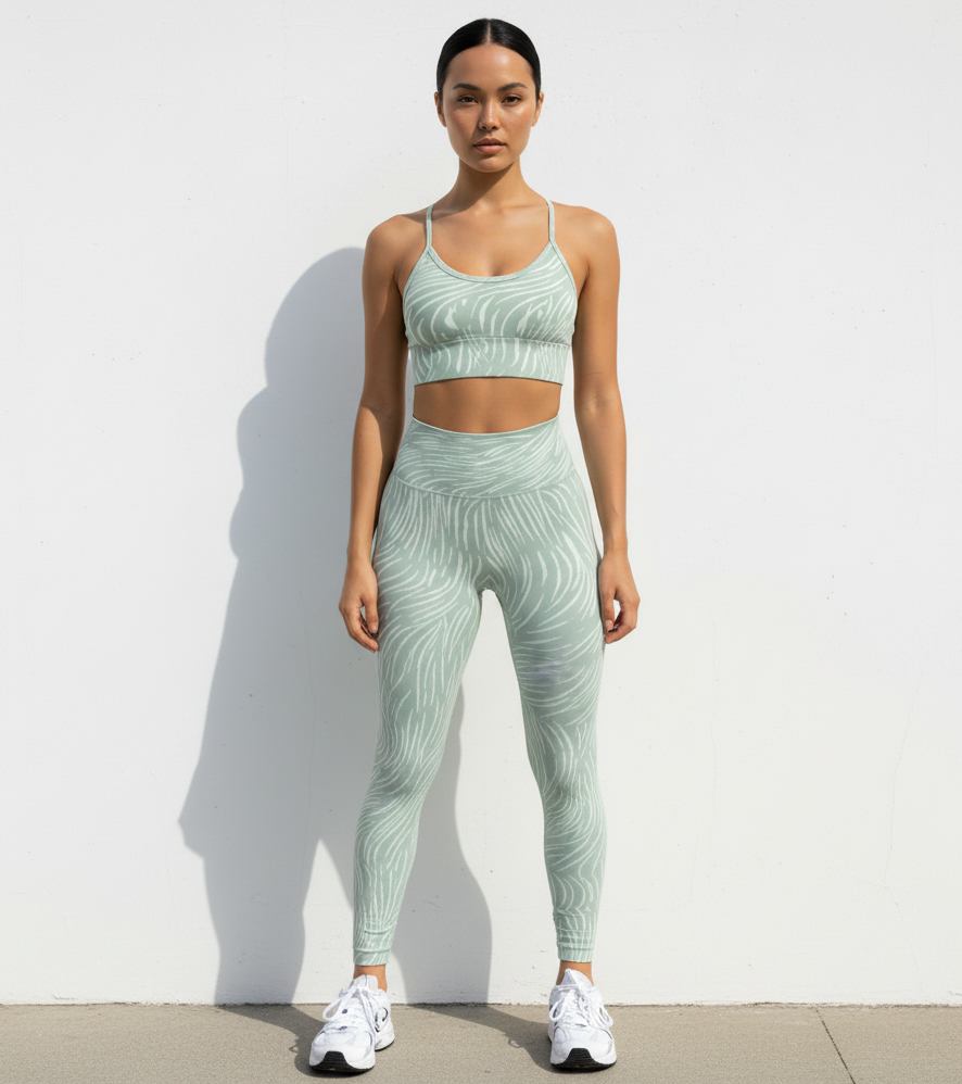 Woman wearing a green athletic outfit with a pattern against a white wall.