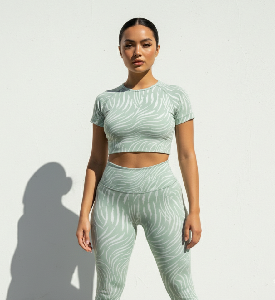 Woman wearing a green patterned athletic outfit against a white background