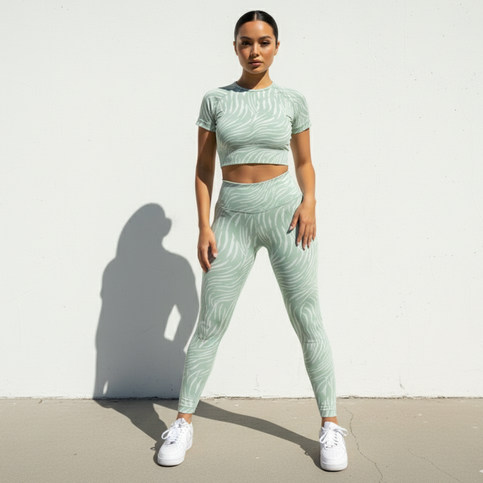 Woman wearing a green patterned athletic outfit standing against a white wall.
