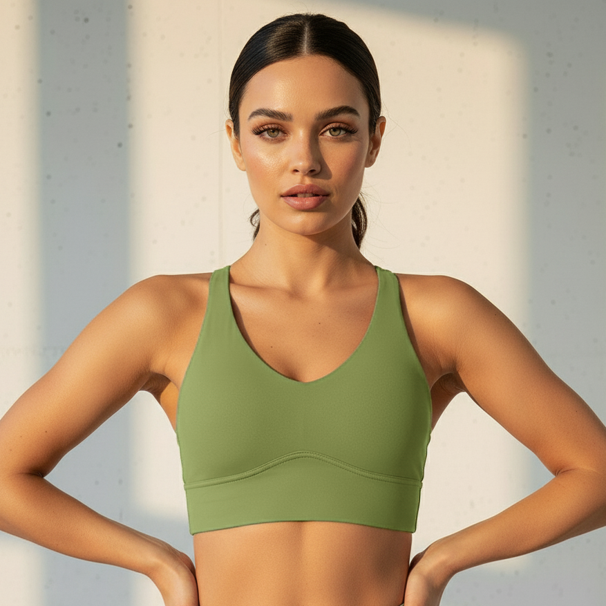 Woman wearing a green sports bra against a neutral background