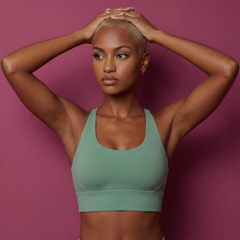 Avocado green active sports bra, racerback style and wide underband