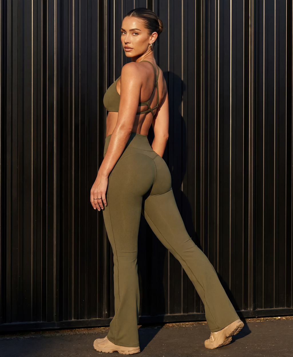 Olive sports bra and flare pants set, crisscross back strap detail