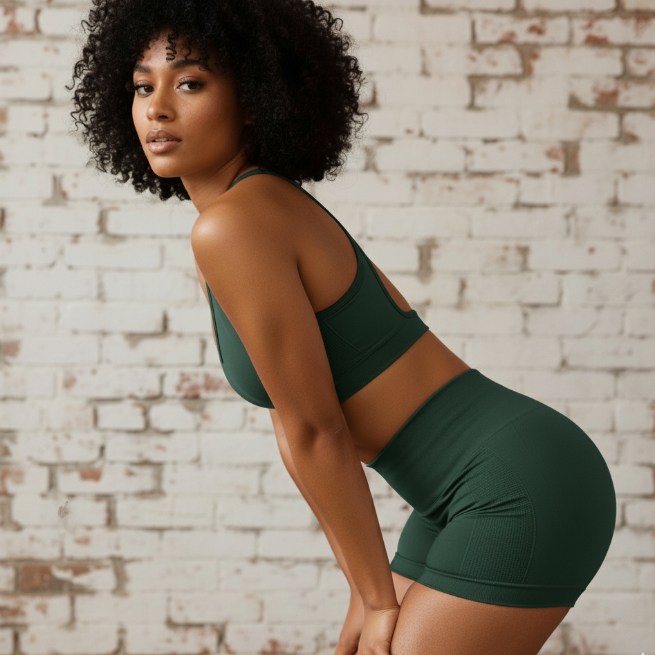 Woman wearing a green sports bra and shorts set against a brick wall.