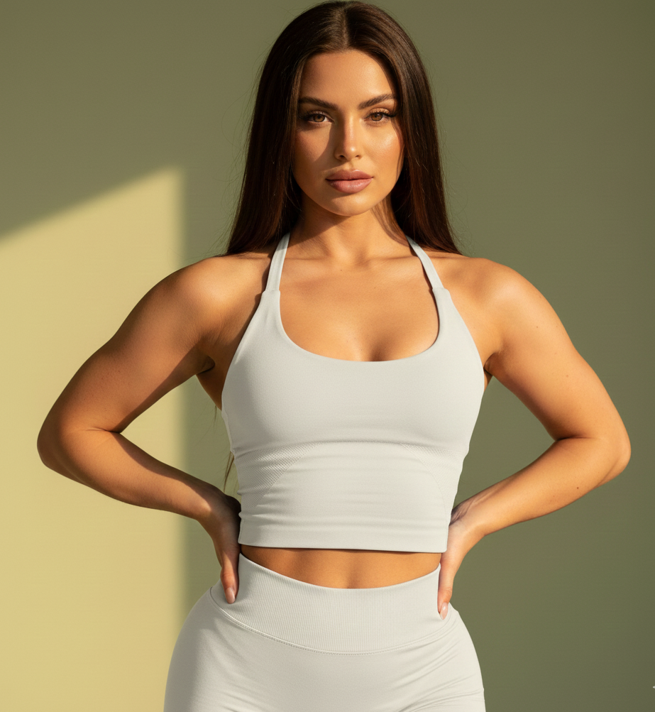 Woman wearing a light gray sports bra and leggings against a gradient background