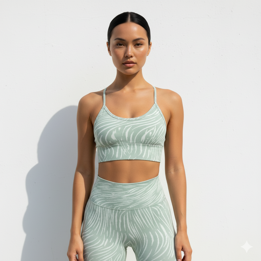 Woman wearing a light green zebra sports bra and leggings with a white background