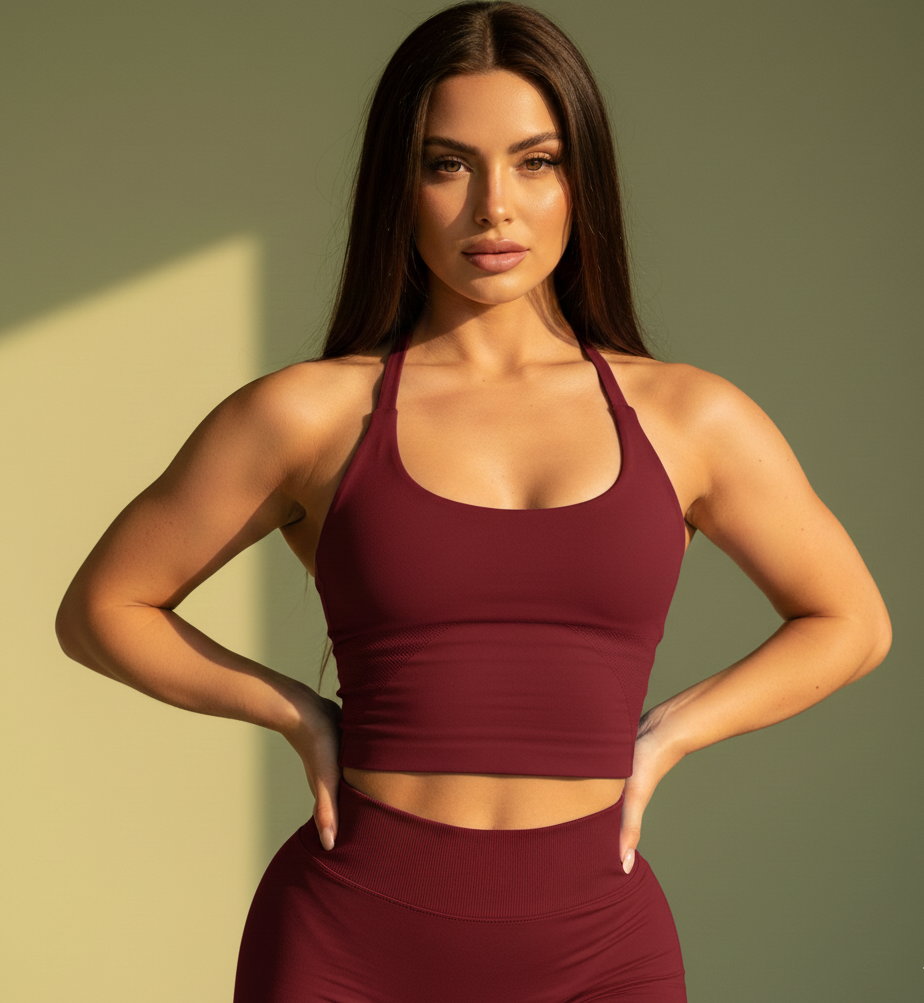 Woman wearing a maroon sports bra and leggings against a gradient wall.
