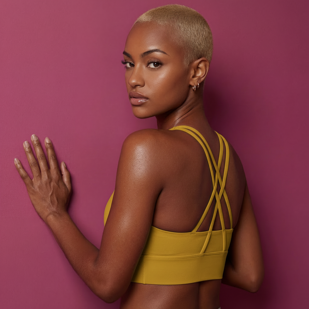 Mustard yellow active sports bra with criss-cross strappy back