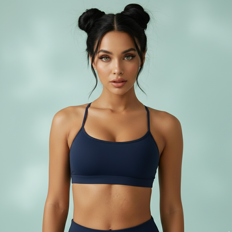Woman wearing a navy blue sports bra and leggings against a light green background