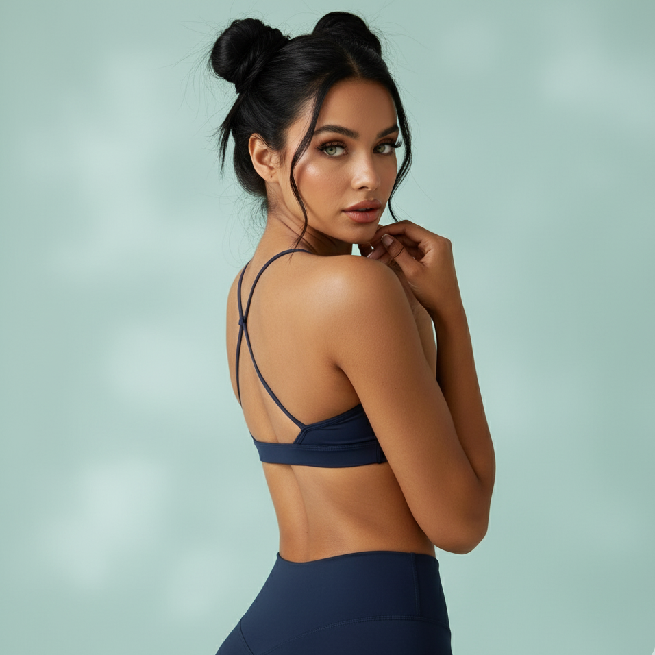 Woman wearing a navy blue sports bra and leggings on a light green background
