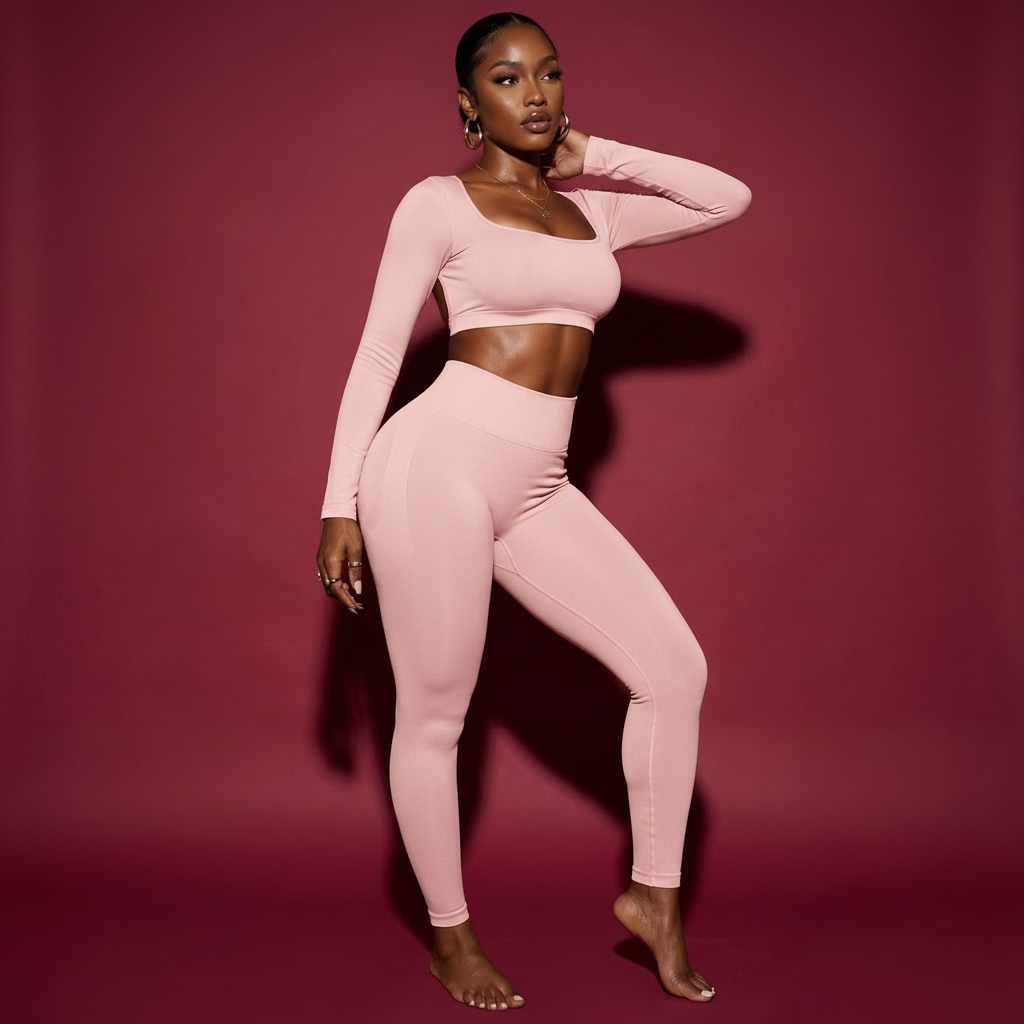 Woman wearing a pink athletic outfit against a red background