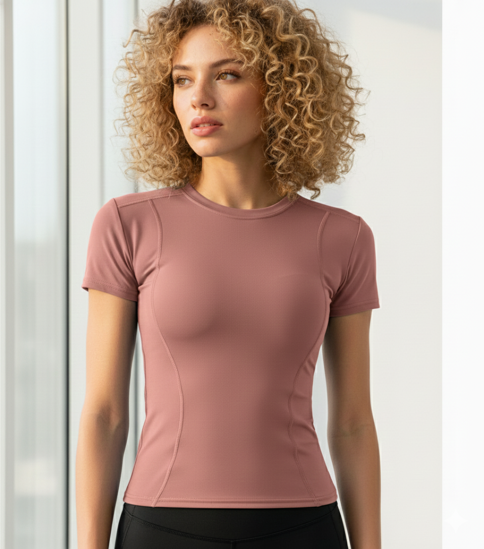 Woman wearing a pink athletic shirt against a light background