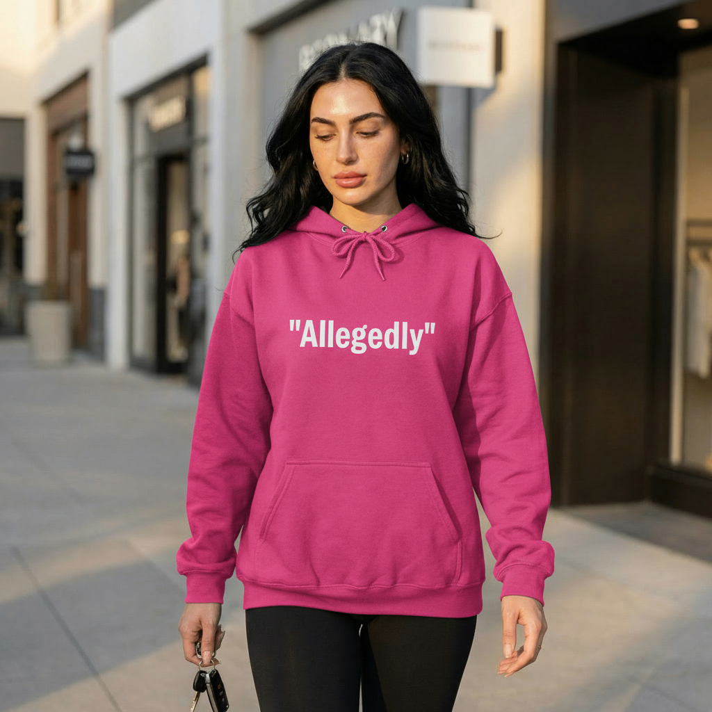 Hot pink fleece-lined pullover hoodie with 'Allegedly' quote graphic, front view