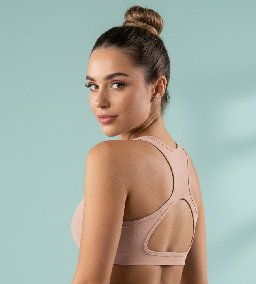 Woman wearing a beige sports bra against a light blue background