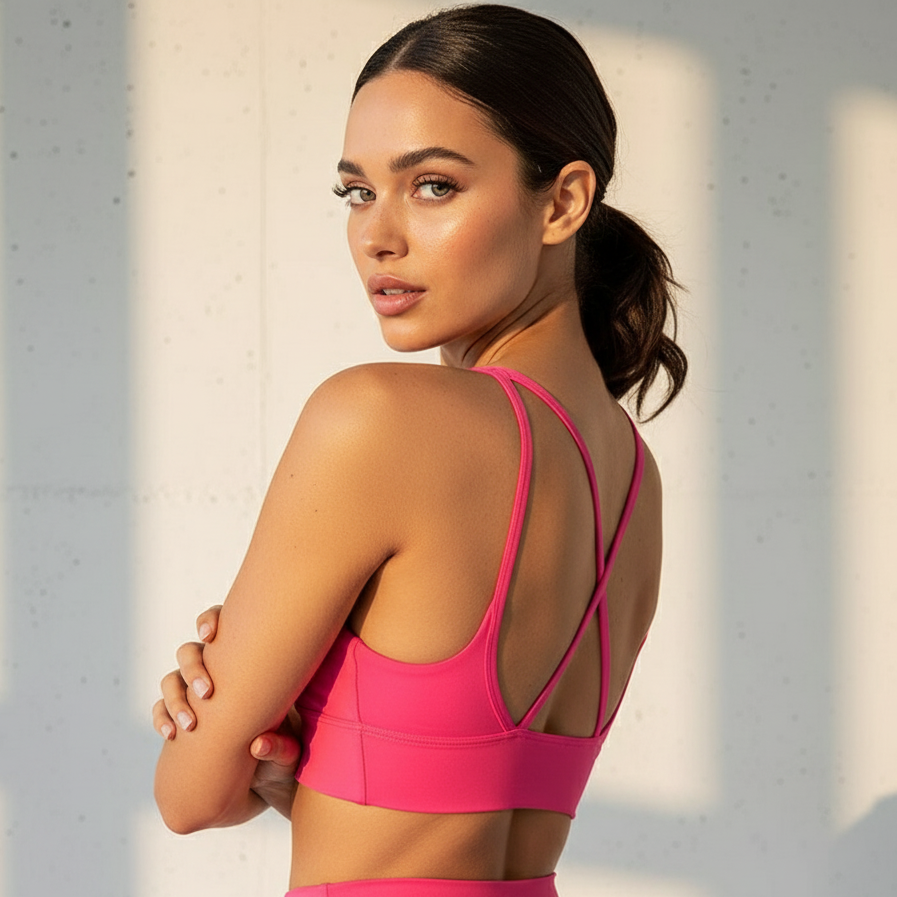 Woman wearing a pink sports bra against a neutral background