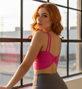 Bright Pink Monk Mesh sports bra, double-strap twist-back (back view)