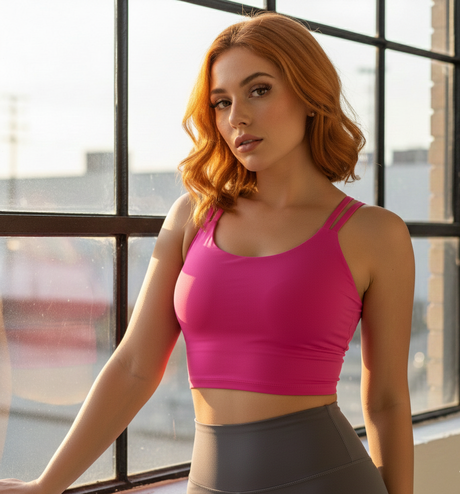 Woman wearing a pink sports bra and gray leggings standing by a window.