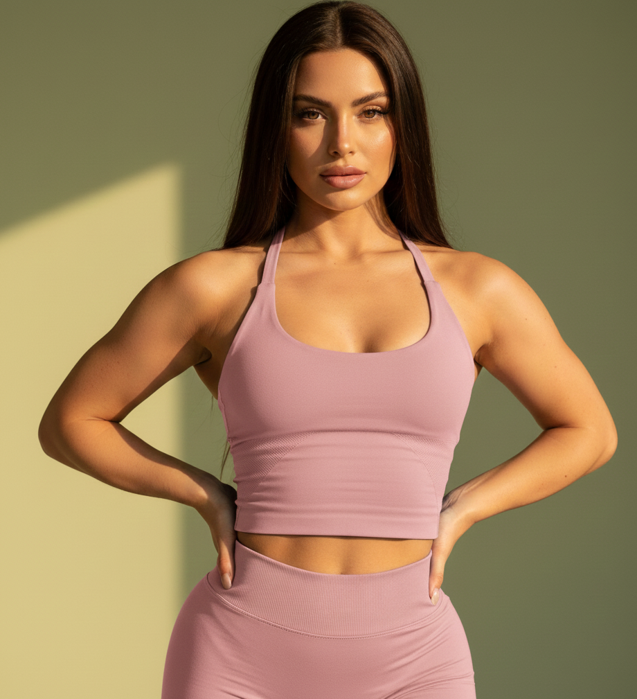 Woman wearing a pink sports bra and leggings against a green background