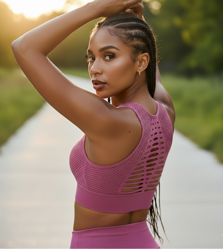 Woman wearing a pink sports bra and leggings outdoors
