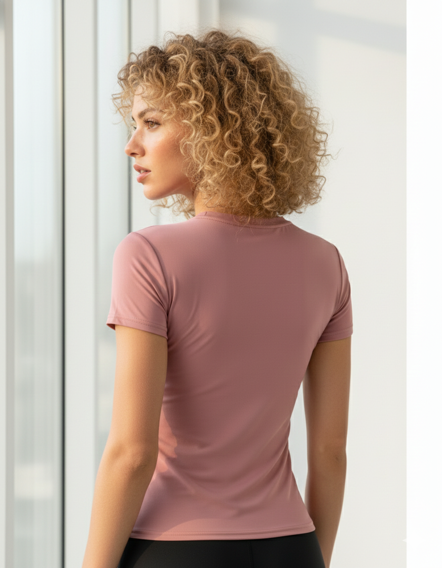 Woman wearing a pink t-shirt standing by a window