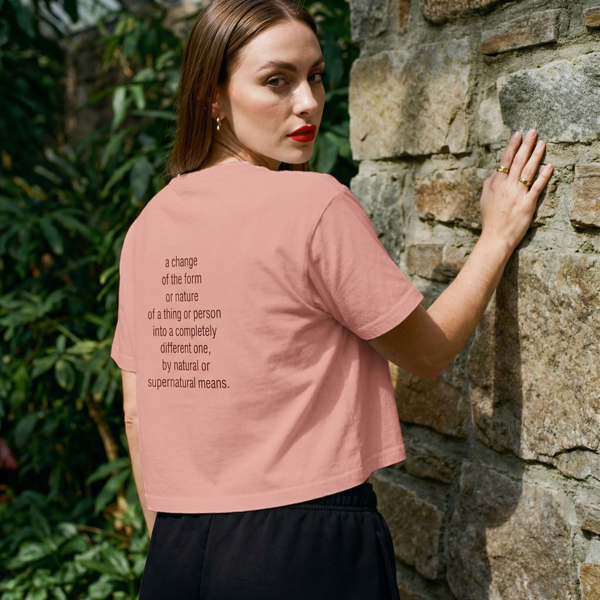 Peach pink crop T-shirt back quote: 'a change of the form or nature'