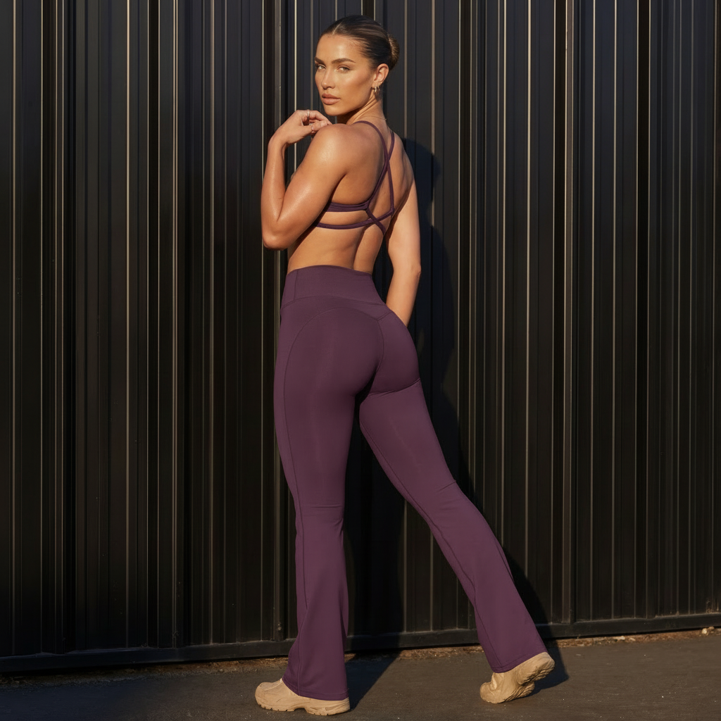 Plum purple sports bra and flare pants set, crisscross open-back straps