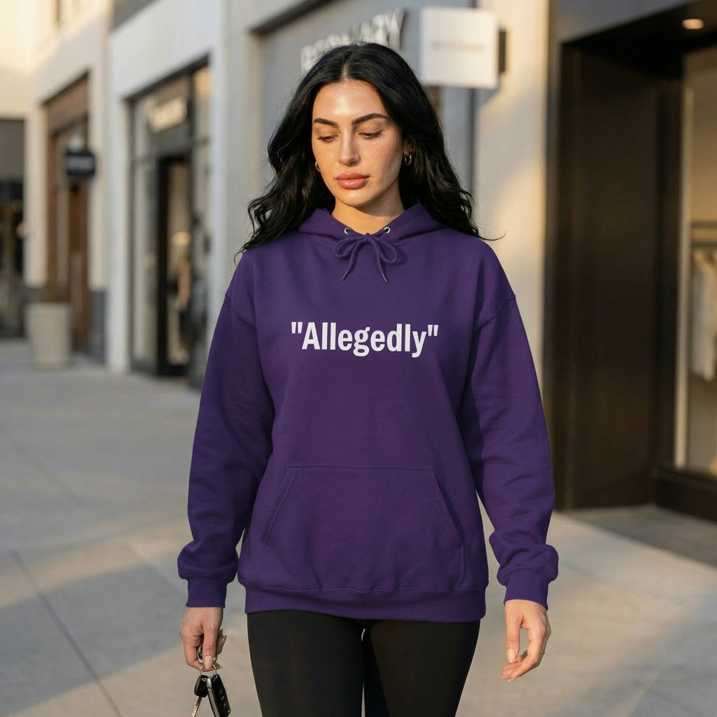 Royal purple fleece-lined pullover hoodie with 'Allegedly' quote graphic, front view