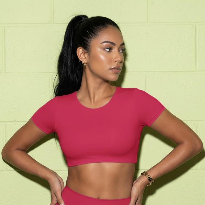 Fitted yoga crop top, rose red, short sleeves and crew neck, cropped fit