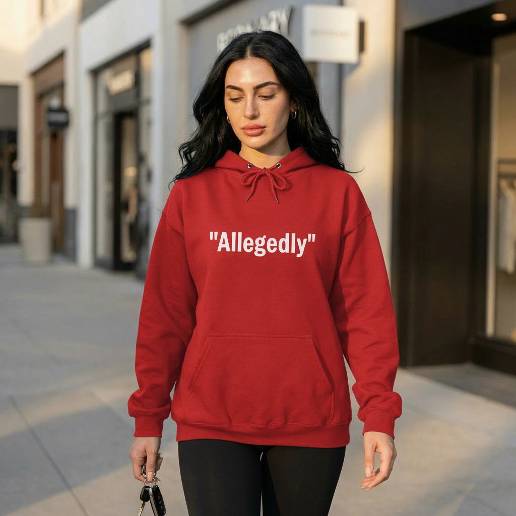 Red fleece-lined pullover hoodie with 'Allegedly' quote graphic, front view