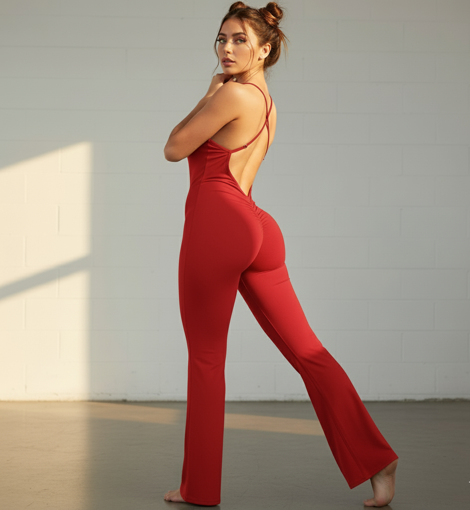 Woman wearing a red jumpsuit with a backless design, standing against a neutral background.