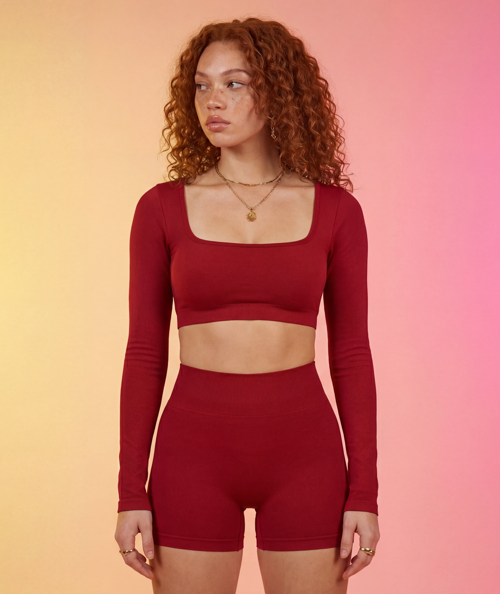 Wine red long-sleeve square-neck crop top and high-waisted shorts set, front view