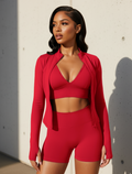 Red sports bra, active shorts & matching zip jacket set