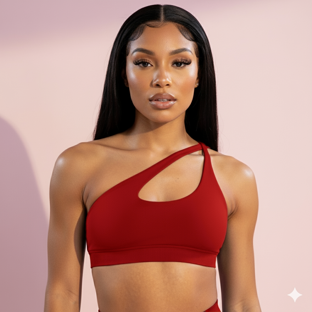 Woman wearing a red sports bra against a pink background