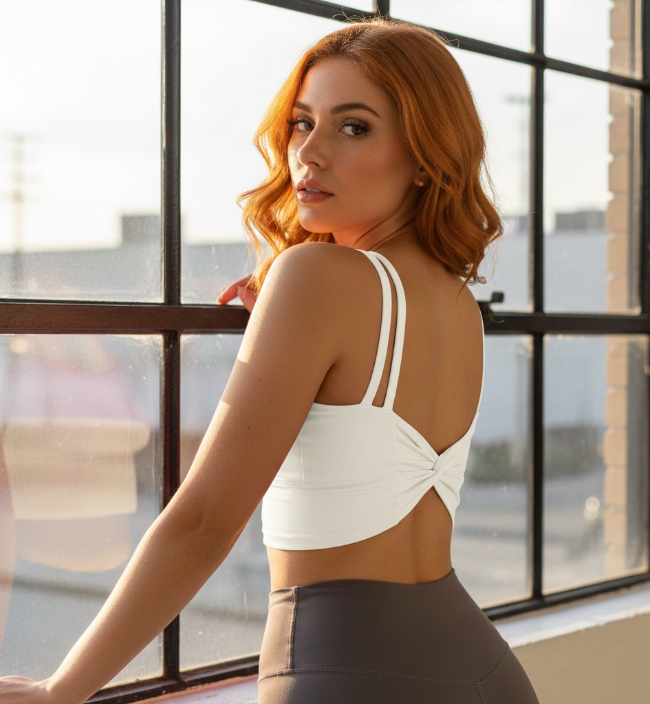 Woman wearing a white sports bra and gray leggings standing by a large window.