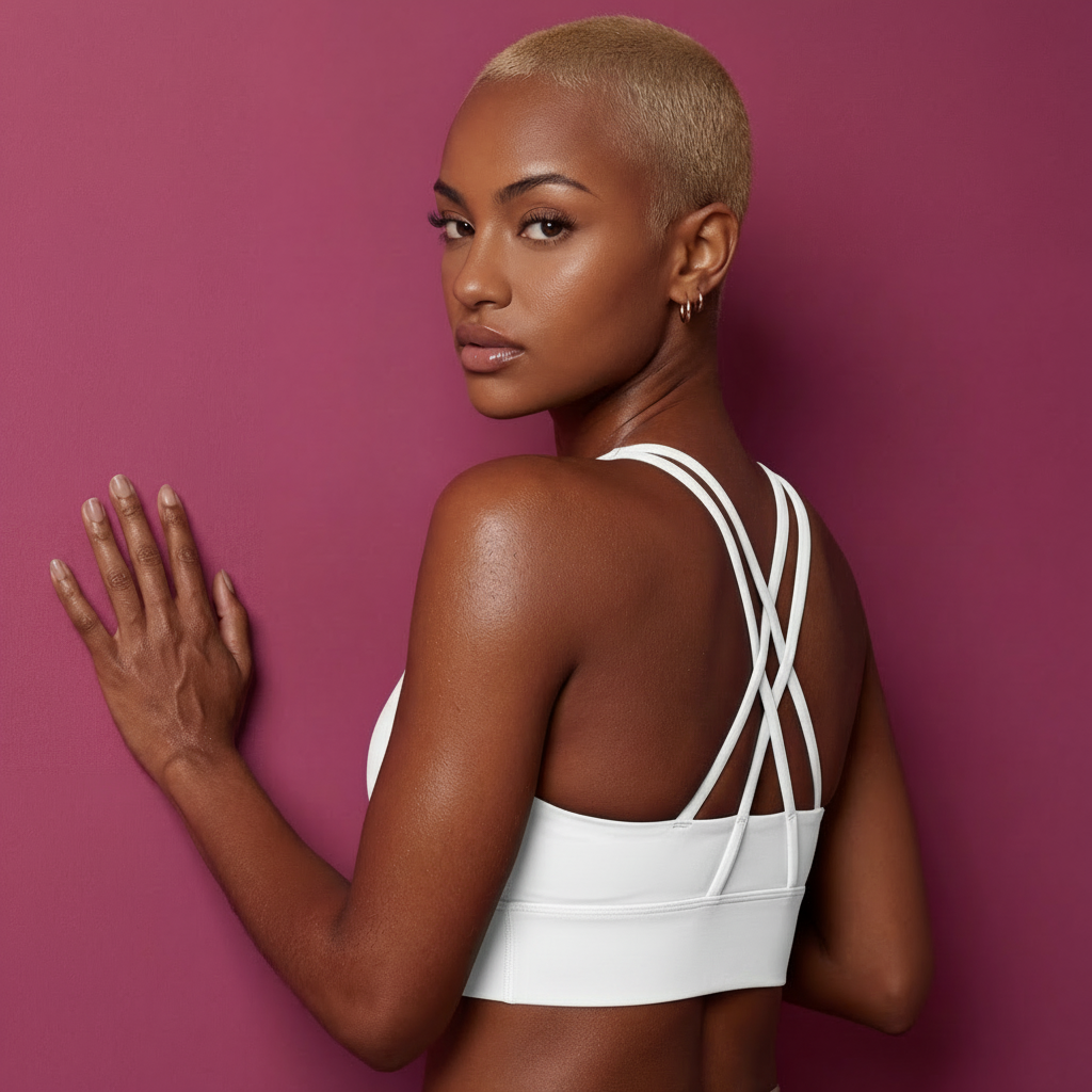 White active sports bra with criss-cross back straps