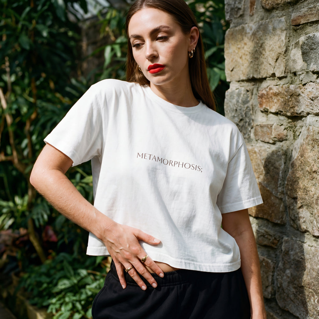 White boxy crop T-shirt with 'Metamorphosis;' front print