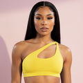 Barbell Barbie Active Bralette in Yellow, one-shoulder side-strap with oval cutout