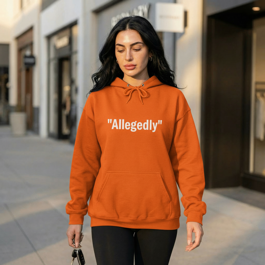 Orange fleece-lined pullover hoodie with 'Allegedly' quote graphic, front view