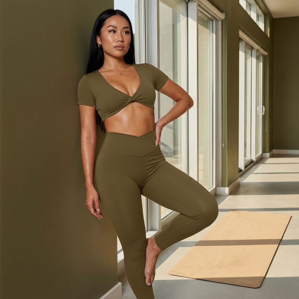Olive twist crop top and matching active leggings, high-rise fit