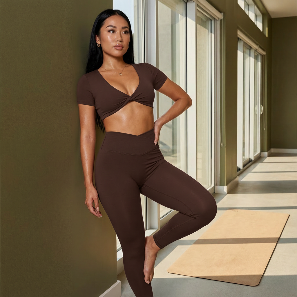 Dark brown twist crop top with knot front and matching high-rise leggings