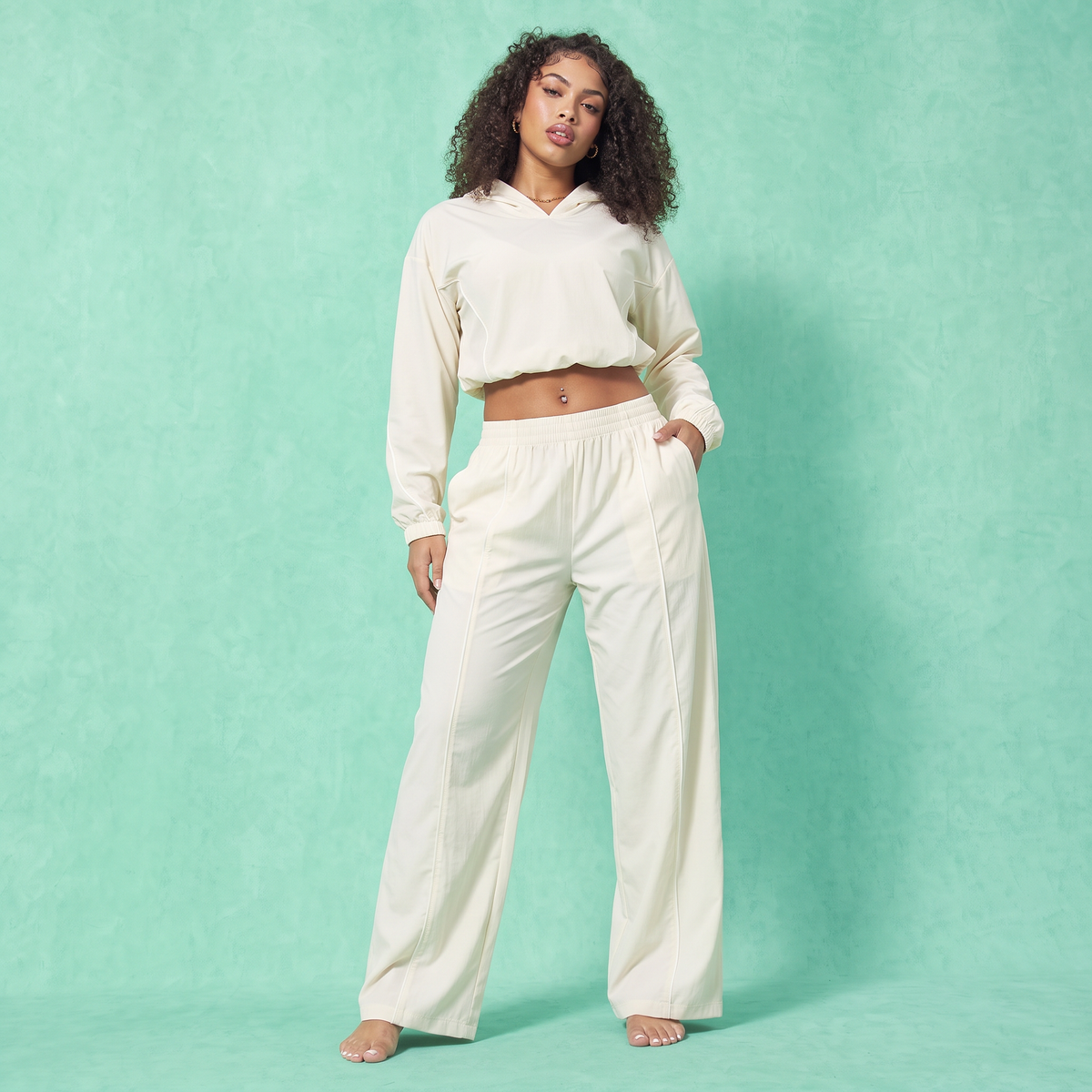 Off-white baggy crop hoodie and jogger pants set with contrast piping