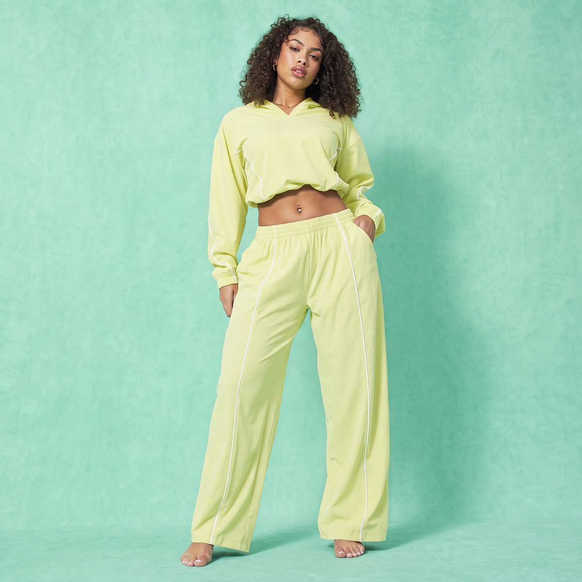 Lime yellow baggy crop hoodie and jogger pants set with contrast trim