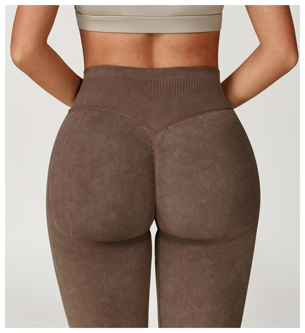 Xooie Fit brown acid wash leggings for women shown from the back with high waistband and seamless design