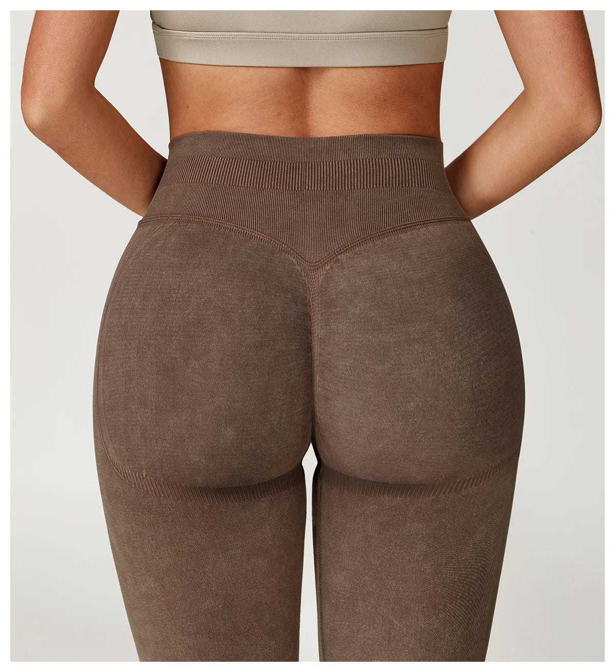 Xooie Fit brown acid wash leggings for women shown from the back with high waistband and seamless design