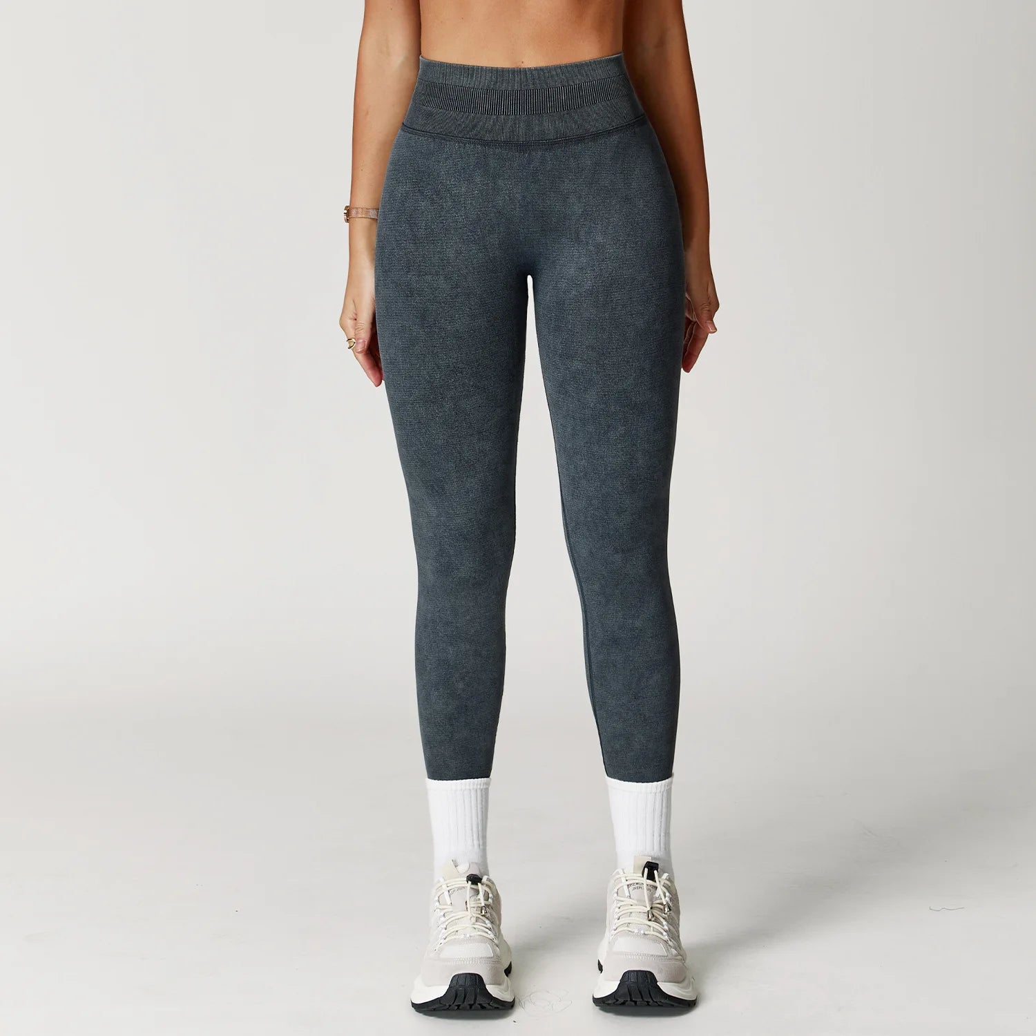 Xooie Fit acid wash leggings for women in dark gray with high waist and ankle length fit